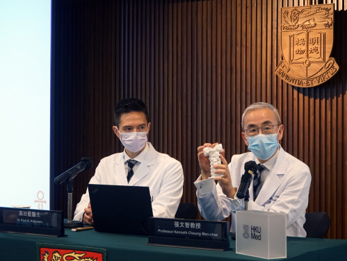 HKUMed reports an underdiagnosed paediatric cervical condition which may lead to irreversible neck deformity and possible life-threatening neurological injury; advocates for early specialist referral and avoidance of manual neck therapy. From left: Dr Paul Aarne Koljonen, Honorary Clinical Assistant Professor; Professor Kenneth Cheung Man-chee, Chair Professor and Head of Department, Jessie Ho Professor in Spine Surgery, Department of Orthopaedics and Traumatology, HKUMed.
 